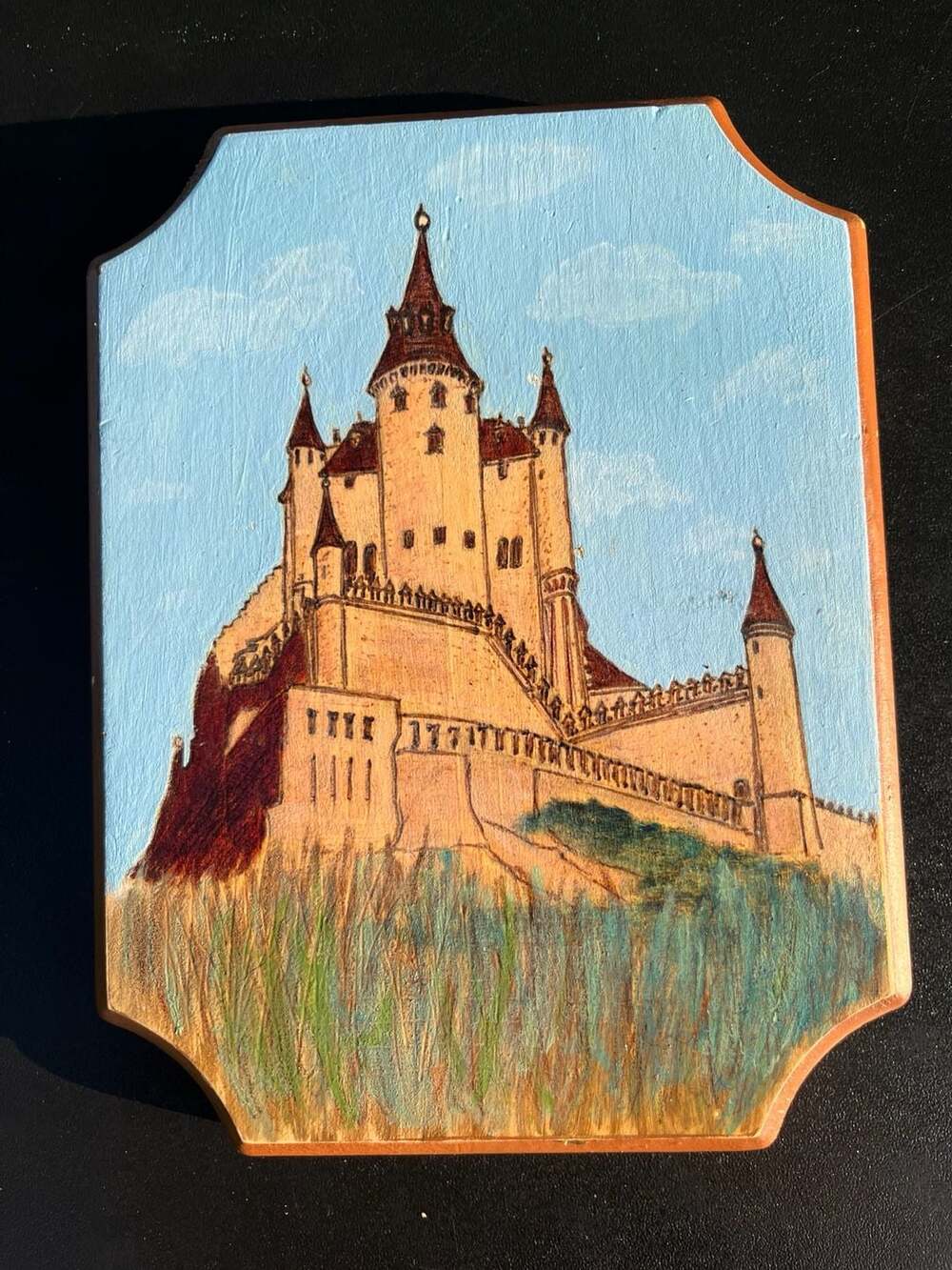 Vintage Hand-Painted Wooden Wall Plaque of Alcazar of Segovia Castle
